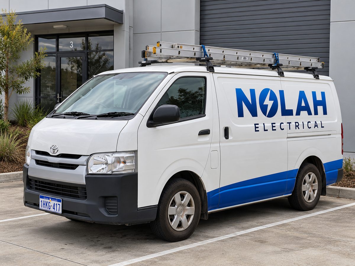Nolah Electrical branded service van parked outside a commercial unit, with ladders on the roof racks