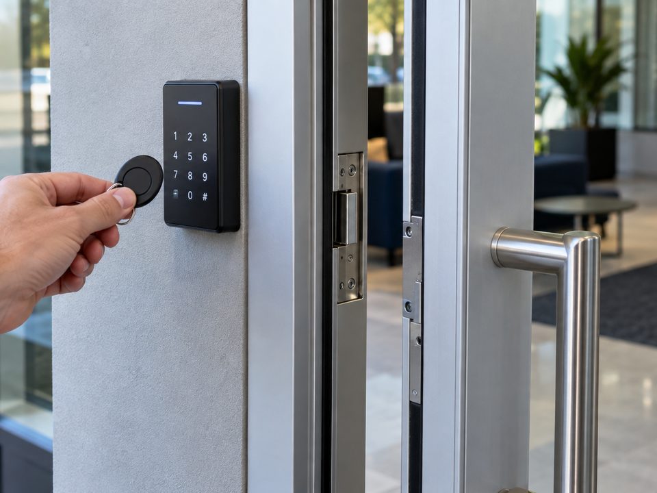 Key fob held to a keypad reader beside a commercial glass door with an electric strike