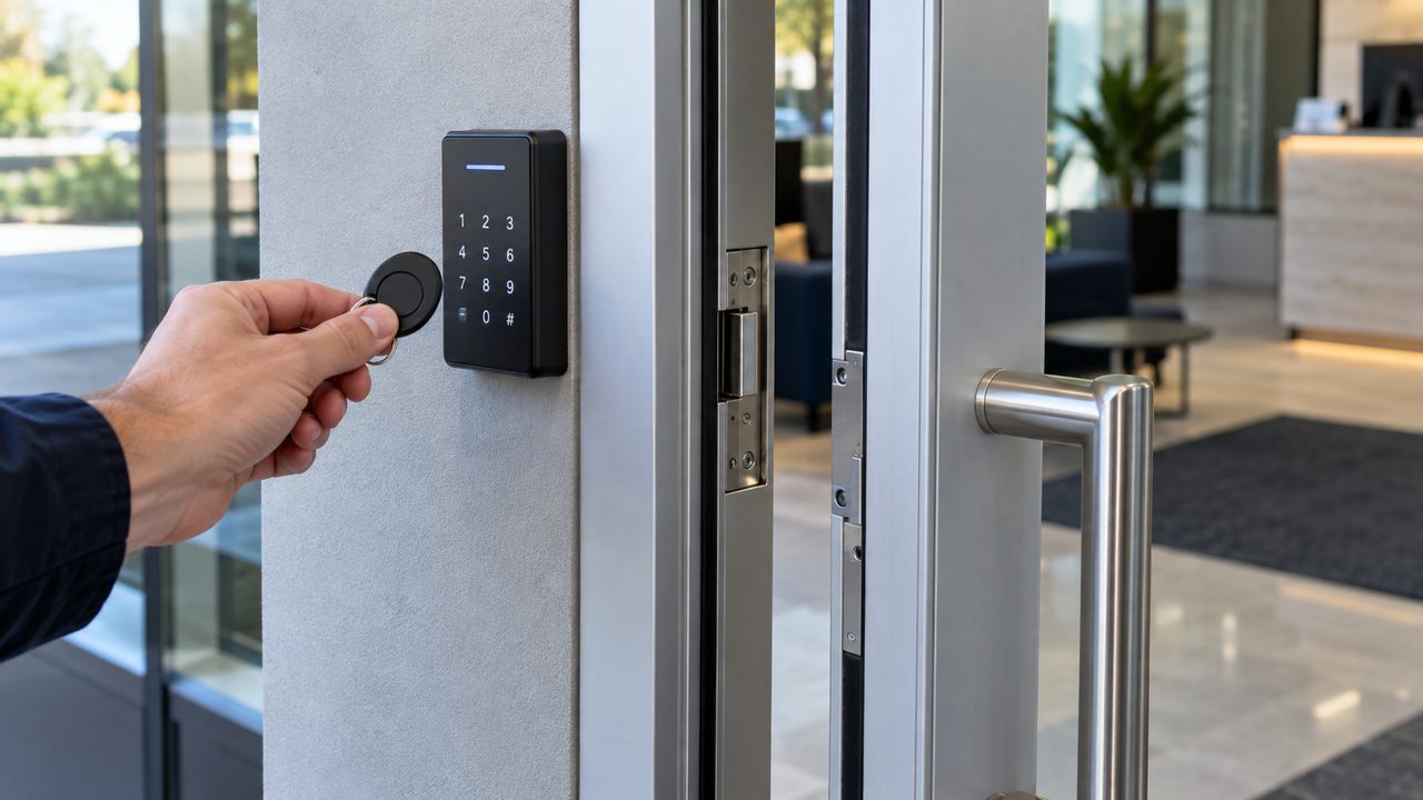 Key fob held to a keypad reader beside a commercial glass door with an electric strike