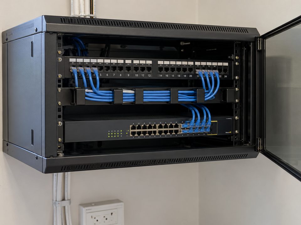 Wall mounted comms cabinet with a patch panel and network switch, neatly cabled in blue