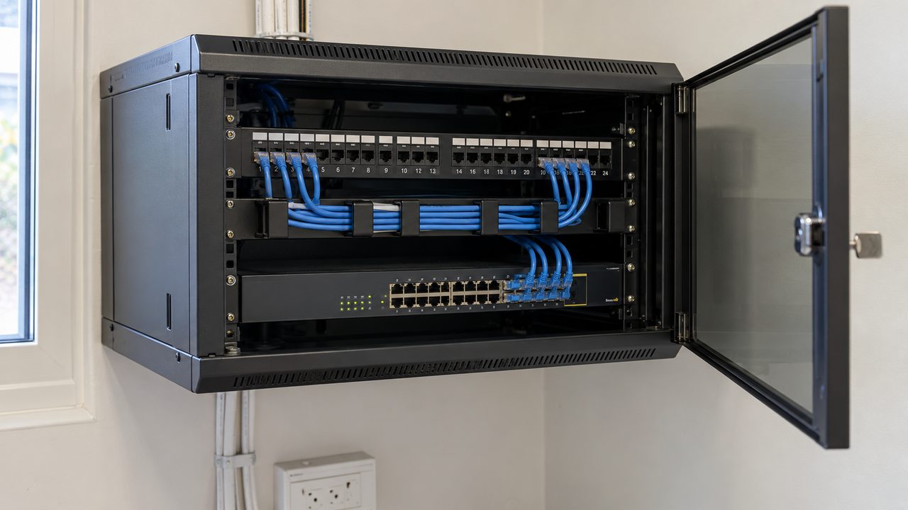 Wall mounted comms cabinet with a patch panel and network switch, neatly cabled in blue