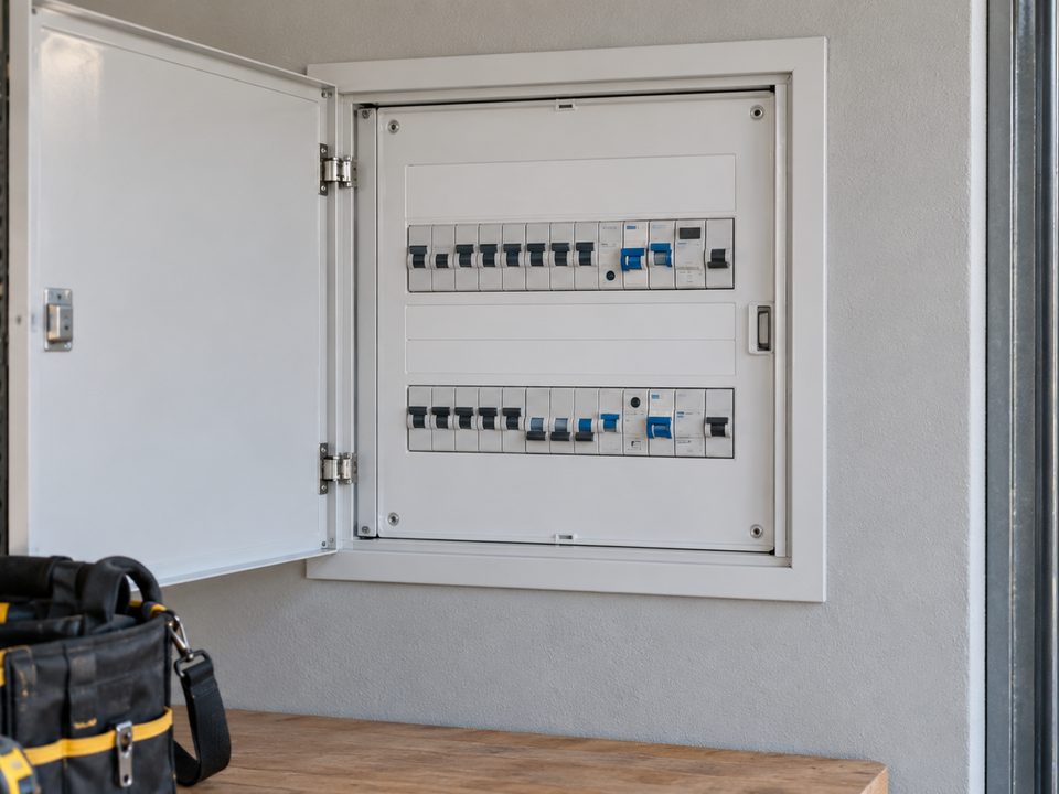 Open switchboard with circuit breakers and safety switches, with an electrician's tool bag on the bench