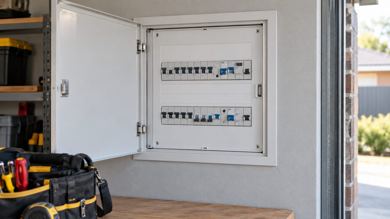 Open switchboard with circuit breakers and safety switches, with an electrician's tool bag on the bench