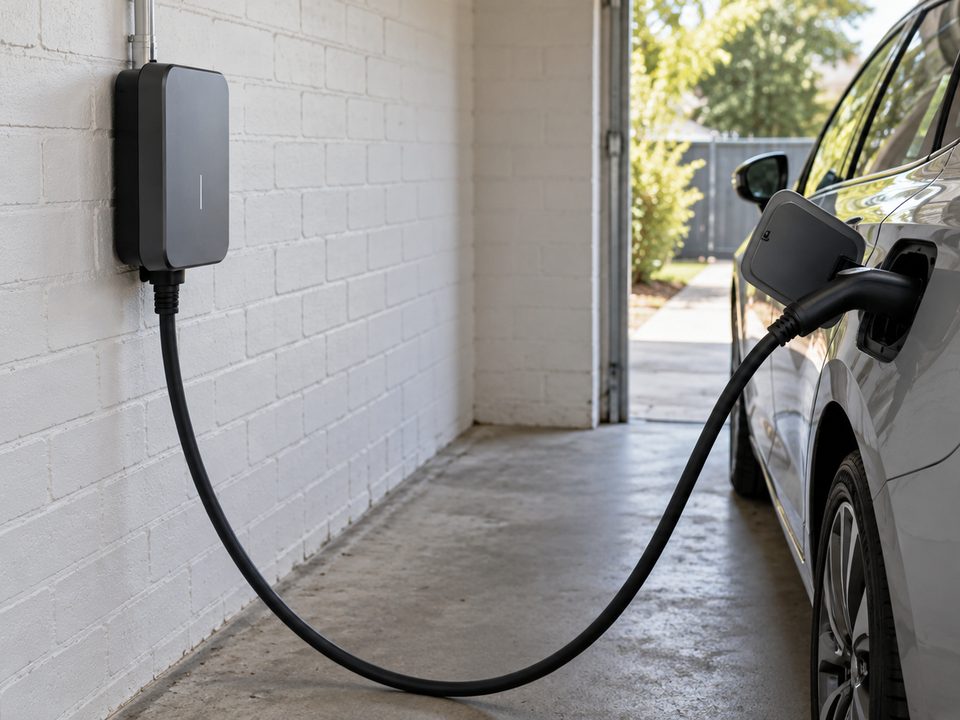 Wall mounted EV charger in a home garage, plugged into a car