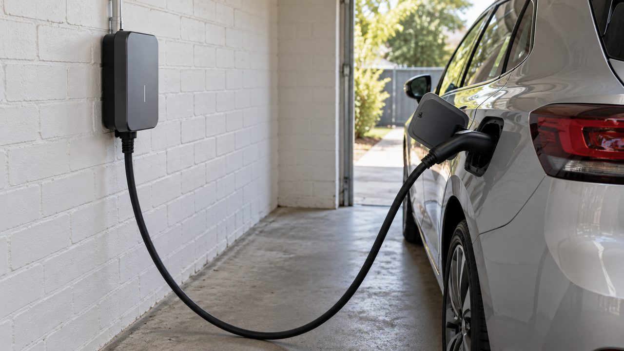 Wall mounted EV charger in a home garage, plugged into a car