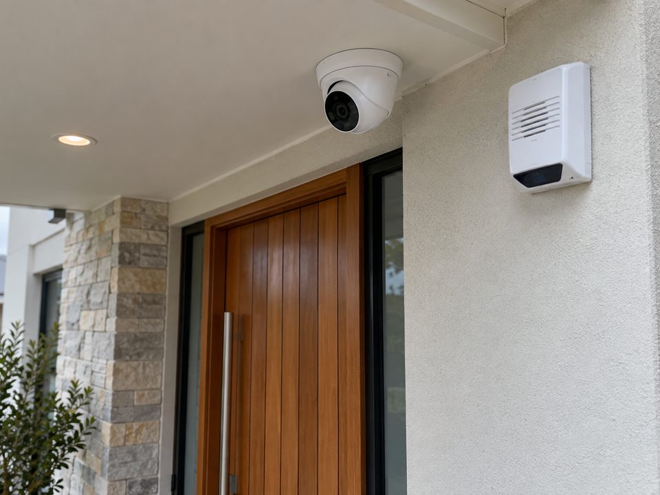 Dome security camera and alarm siren mounted beside the front door of a home