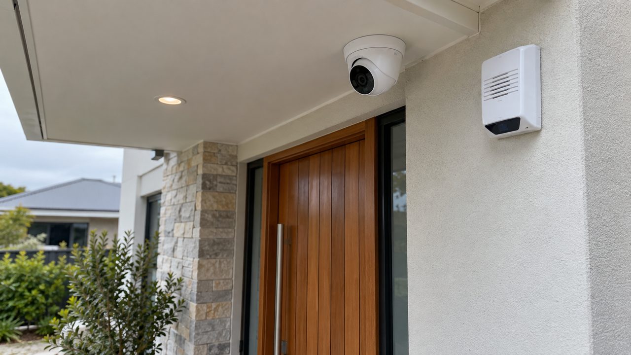 Dome security camera and alarm siren mounted beside the front door of a home