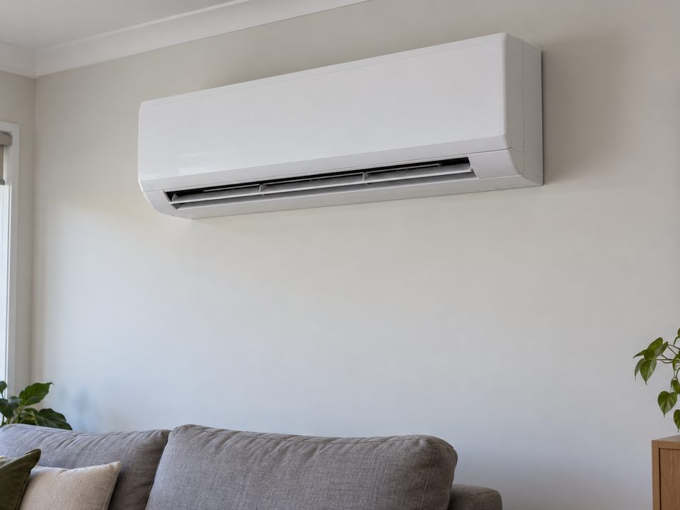 Split system air conditioner installed high on a living room wall