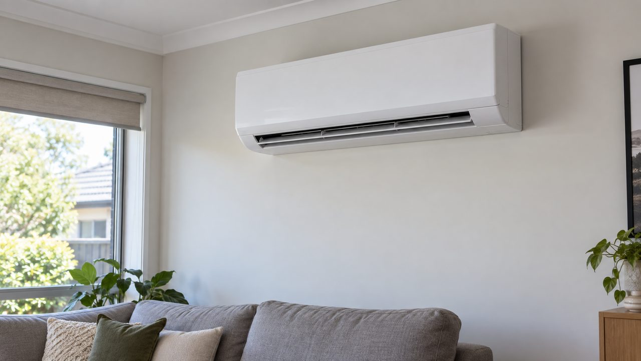 Split system air conditioner installed high on a living room wall